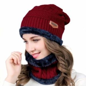 Winter Beanie Hat Scarf Set Warm Knit Hat-Red